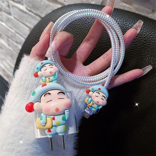 Image of Dezet for iPhone Charger 18-20W Cute Cartoon Charging Cable Protector Set for iPhone Fast Charging USB Cable with Protective Silicone Cover & Organizer Clip Stylish Design (SHINCHAIN GREEN NEW1ST)
