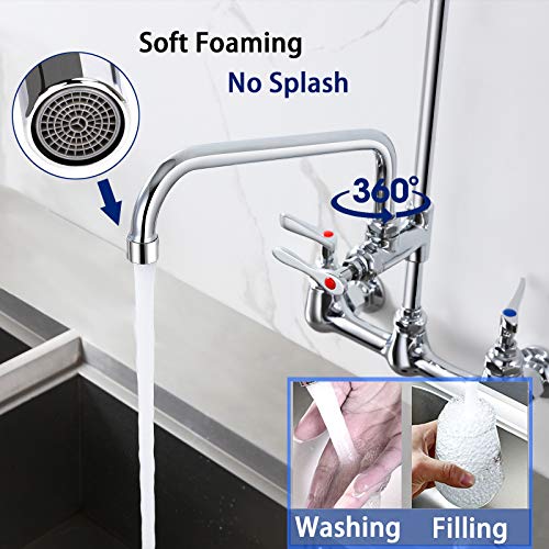 Pre-Rinse Commercial Kitchen Faucet, 25” Height Sink Faucet with 12” Add-on Spout, 8'' Adjustable Center Wall Mount, Pull down Sprayer, Stainless Steel Hose, Solid Brass, Chrome