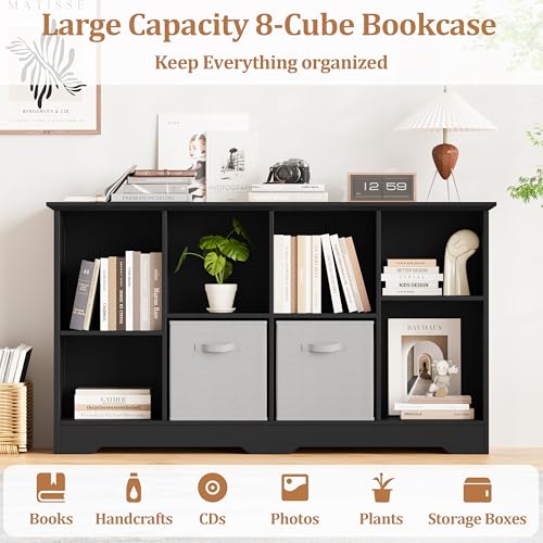 Image of 8 Cube Storage Organizer Shelf, Wood Cubby Storage with 4 Fabric Drawers, 2 Tier Wooden Bookshelf with 2 Adjustable Shelves & Fluted Side Panels for Bedroom, Living Room, Home Office, Black