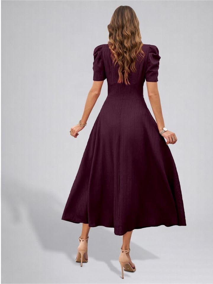 Image of Women's Solid Color V-Neck A-Line Maxi Stylish One Piece Long Midi Dress Party Outfit | Waist Cinched Puff Sleeve Elegant Casual Dresses for Women