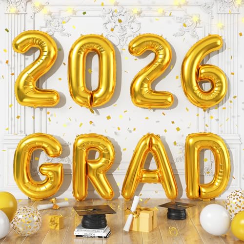 Image of 2026 Congrats Grad Balloons, 16 Inch Metallic Gold 2026 GRAD Foil Balloons Banner Sign for Graduation Decorations 2026, College High School Class of 2026 Graduate Congratulations Party Decor Supplies