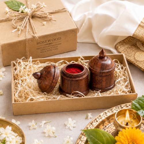 Image of Rosewood Sindoor Dani Kumkum Box Set of 2 for Pooja & Bridal Use | Handmade Wooden Kumkum Dibbi with Lid | Natural Wood Grain Finish | Small Decorative Storage Container | dibbi001