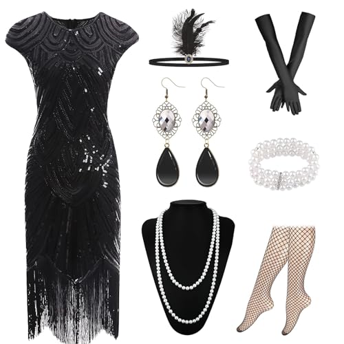 XJGQZ 1920s Dresses for Women, Sequin Fringed Flapper Cocktail Dresses with 20s Accessories Set, Roaring 20s Costumes, Set of 8 (M, Black)
