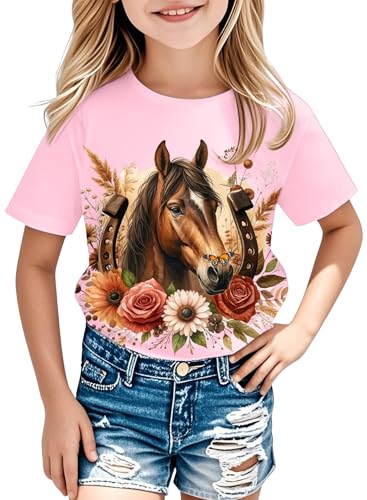 Image of Girls Western Horse T-Shirts - Cute Cowgirl Outfit Kids Short Sleeve Shirts Funny Tops Rodeo Toddler Summer Tee
