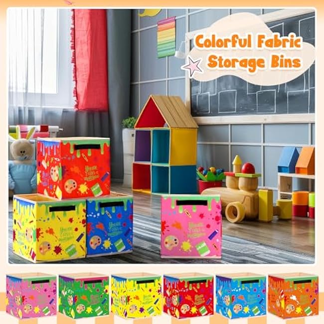 Weysat 6 Pcs 11 Inch Back to School Storage Bins Classroom Fabric Book Storage Cubby Bins Paint Splatter Folding Basket Organizers Colorful Cube with Handles for Daycare Elementary Teachers