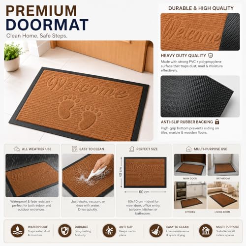 Image of DecorTwist PVC Door Mat 60x40 cm | Heavy Duty Indoor Outdoor Entrance Mat | Anti-Slip Rubber Back | Waterproof Dust & Dirt (Style 4 [ Maroon ], Half Round PVC Door Mat 80x40 cm, Pack of 1)