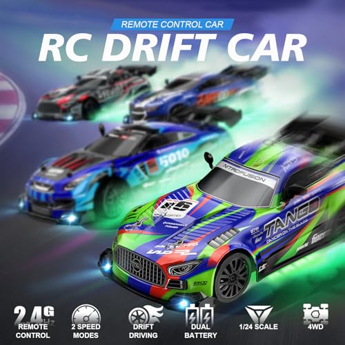 Image of Drift RC Car for Electric Toy Car Hobby Racing Car Toys with Controller,1:24 4WD High Speed RC Drift Cars with LED Lights,Extra Drifting Tires＆Two Batteries,Racing Sport Toy,Vehicle for Adults＆Kids