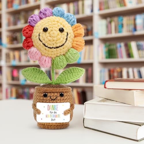 HUKUMA Gestrickte Sonnenblumen,Dankeschön Gehäkelte Pocket Hug Positive Blume,Häkelblumen Erzieherin Geschenk,Danke Erzieherin Abschied,Abschiedsgeschenk Erzieher, Weihnachten Neujahr Glücksbringer