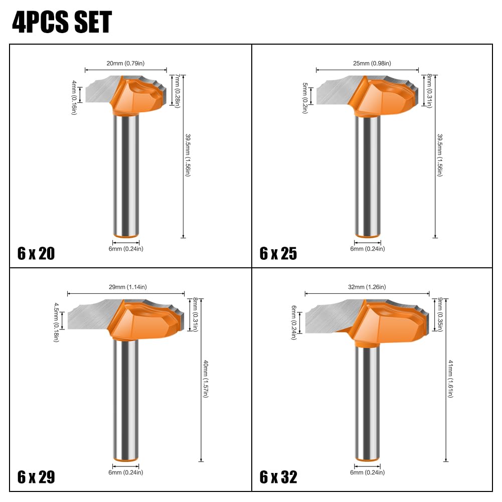 1/4pc 1/4 "6mm vástago doble pequeño R fresa talla de madera puerta marco enrutador brocas for madera carburo puerta gabinete Bits carpintería(4Pcs 6mm Shank)
