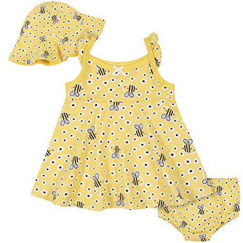 Gerber Baby Girls' 3-Piece Sundress, Diaper Cover and Hat Set, Yellow Bee, Newborn