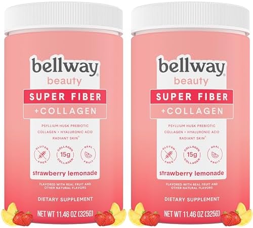 Bellway Super Fiber Powder + Collagen (2 Pack), Sugar-Free Collagen Peptides and Psyllium Husk Fiber Supplement, Strawberry Lemonade (22.92 oz)