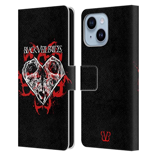 Étui portefeuille iPhone 14 Plus Black Veil Brides Coeur De Crâne en cuir noir