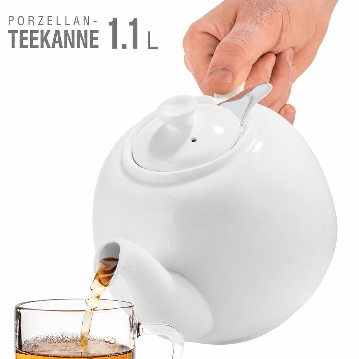 Urban Lifestyle Teekanne mit Siebeinsatz 1,1 Liter, Hochwertige Fine Porzellan Teekanne mit Edelstahl Sieb & Filter, 800 ml Nutzvolumen, Tropffrei, Deckel stabilisiert Swansea Weiß