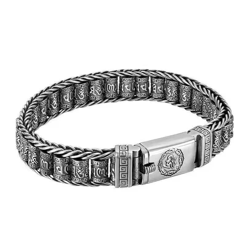 Retro Hip Hop Style Six Characters Mantra Bracelet, Silver, Buddhist Prayer Wheel Chain with Clasp-image-34