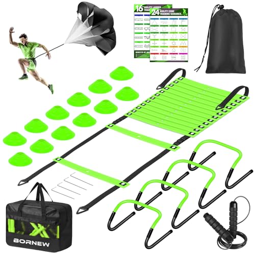 Soccer Training Equipment, Agility Speed Training Set with 20ft Speed Ladder, 12 Cones, 4 Adjustable Hurdles, Jump Rope, Parachute | Ideal for Basketball, Football Practise, for Kids, Youth, Adults