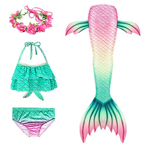 D C.Supernice Cola de Sirena Niña para Nadar 3pcs Lindo Disfraz Sirena Princesa Bikini Conjunto con Diademas de Flores