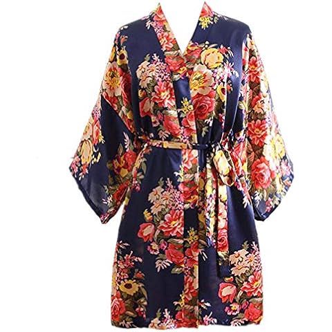 JZLPIN Women's Kimono Short Robe Dressing Gown Robe Lightweight Loungewear for Wedding Party Navy Blue OneSize Cover