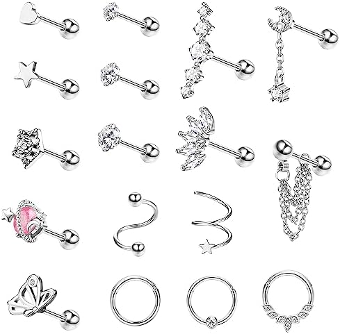YADOCA 17PCS 16G Cartilage Earring Stud Hoop for Women Men Surgical Steel Hypollergenic Dangle Chain Stud Hoop Set CZ Opal Screw Back Earrings Helix Daith Conch Tragus Cartilage Piercing Jewelry
