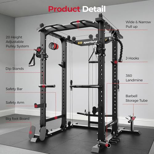 Image of SPORTSROYALS Power Rack, Multi-Functional Power Cage, Squat Rack with Pulley System & LAT Pull Down, Workout Cage with J Hooks for Home Gym