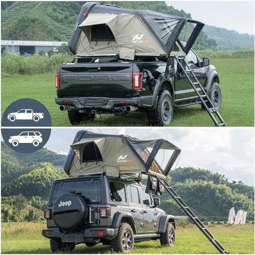 Naturnest Hard Shell Rooftop Tent Hardshell Roof Top Tent Car Camping for Pickup Wagon Van SUV All Seasons with Telescopic Ladder (Black & Beige) - Thumbnail 2