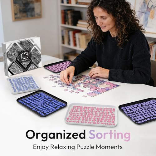 Anti-Slip Jigsaw Puzzle Sorting Trays – 6 Mixed (Black & White) Stackable Sorting Trays, Durable Plastic Organizer for Big Puzzles up to 1000 Pieces