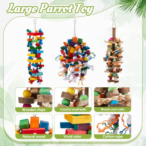 Image of Seenelling 6 Pcs Extra Large Bird Toys for Parrots, Block and Ball | Multicolored Natural Wooden Blocks & Beads Bells, Bird Cage Chewing Toys for Large Medium Macaws African Grey Cockatoos