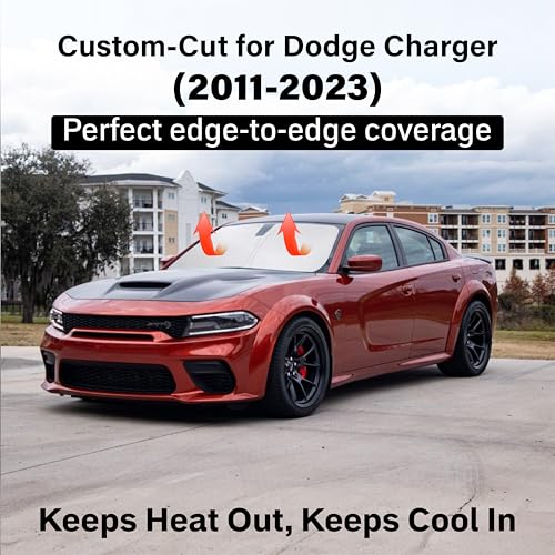 Image of EcoNour Windshield Sun Shade Compatible for Dodge Charger 2011-2023 | Sedan Front Window Sunshade | Foldable Sun Visor Protector | Blocks UV Rays & Reduces Heat