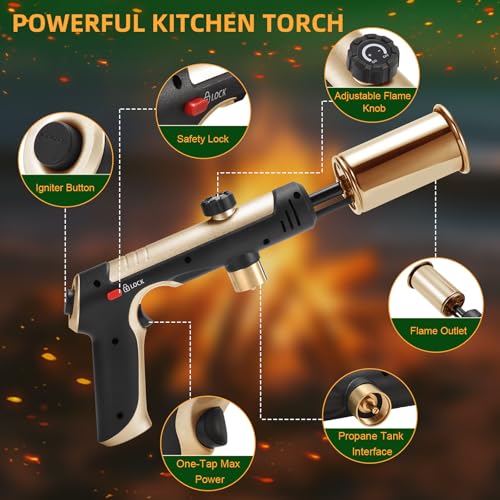 Image of Powerful Propane Torch with One-Touch Max Fire, Adjustable Kitchen Torch with Safety Lock, Flamethrower, Blow Torch Gun for Grill, BBQ, Sous Vide, Campfire Starter (Tank Not Included)