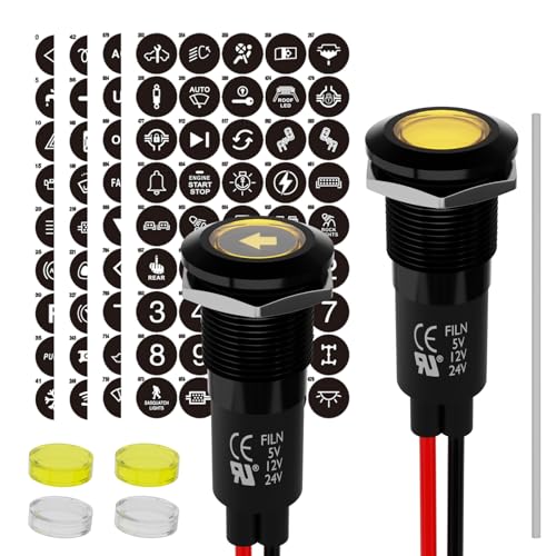 FILN 2個12mm 12-24V自動車用LEDランプ、自動車内装用小型LEDランプ、185個の交換可能符号を搭載、防水信号ランプ、ナビゲータ、ダッシュボード、指向車、電線付きトラック船（黄）