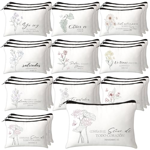 30 Pcs Spanish Christian Easter Gifts for Women Bulk Easter Religious Cosmetic Bags Inspirational Bible Verse Pencil Pouch Christian Makeup Bags with Zipper Church Gift for Travel Women