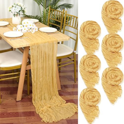 YMHPRIDE Lot de 6 Chemins de Table en étamine en Or, 55 x 300cm en Tissu de Gaze Rustique,Or décoration de Table de Mariage Nappe pour fête de Douche...