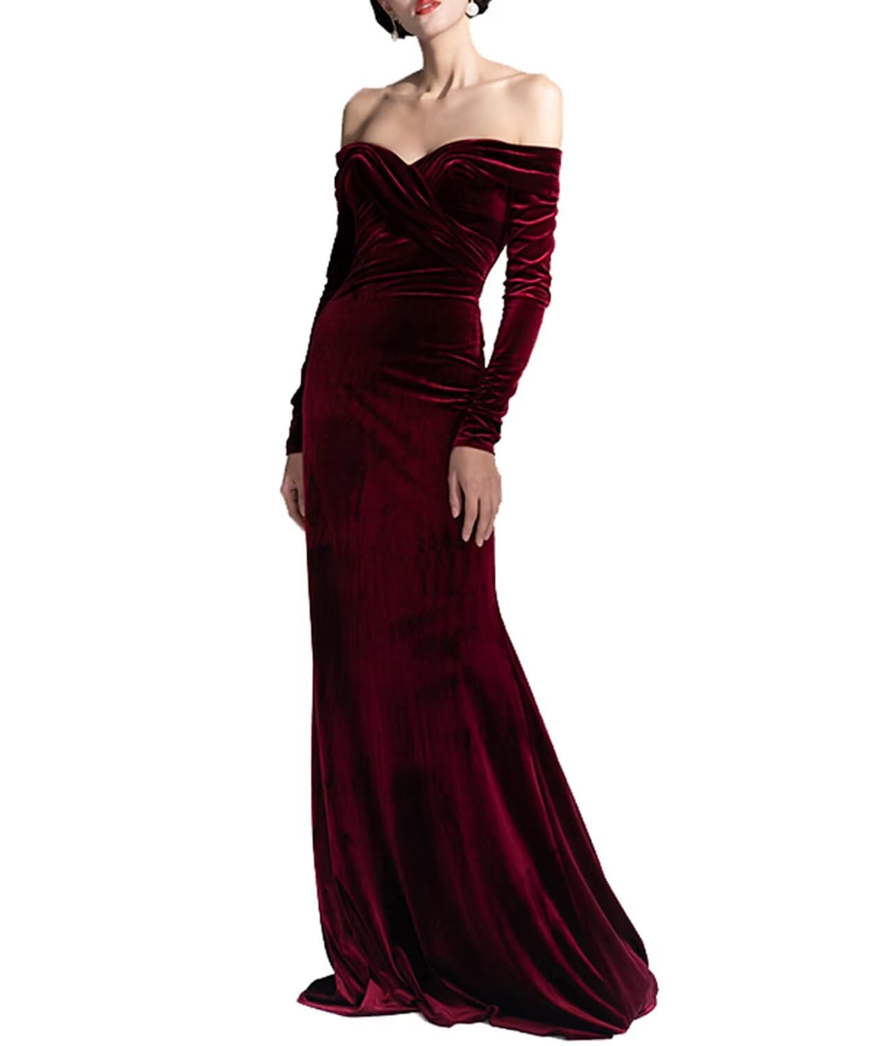 WDBFY Off Shoulder Velvet Mermaid Evening Gowns Long Sleeve Maxi Dress for Women Long Formal Prom Party Dresses