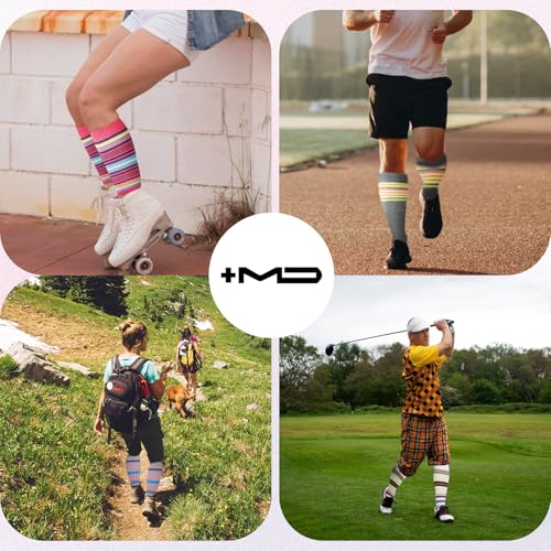 Image of +MD Cotton Compression Socks for Women & Men 4 /6 Pairs 15-20mmHg Knee High for Sports, Travel, Nursing Long Sitting Standing