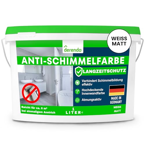 derendo Anti Schimmel Farbe weiß innen 1 Liter Wandfarbe weiß gegen Schimmel Badezimmer Feuchtraumfarbe Schimmel Stopp Langzeitschutz Schimmelentfernung