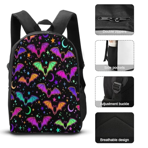 Colorful Bats Stars Moon Backpack Set 3 Pieces Backpacks Lunch Bag Wallet For Travel Outdoor Sports3