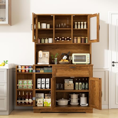 Image of Shintenchi Kitchen Pantry Storage Cabinet, Freestanding Buffet Cabinet with Microwave Stand & 3 Door Shelves, Kitchen Hutch with Doors, Adjustable Shelves and Wine Rack, Brown