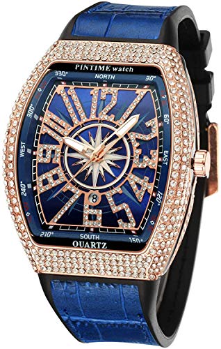 Orologio da polso da uomo con teschio grande, rettangolare, stile punk, quadrante con diamanti, cinturino in pelle, calendario, sportivo, al quarzo, Argento blu, Rettangolo Punk Diamond Orologio
