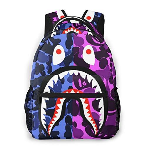 Ba-pe Shark Teeth Blue Pink Camo Backpacks Travel Laptop Daypack School Bags For Teens Men Women