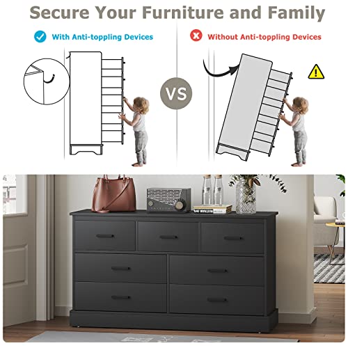 Ephex 7 Drawers Double Dresser For Bedroom, Tall Storage Tower Clothes Organizer, White Chest Of Drawers With Sturdy Pedestal, 47.3”L X 15.8”W X 27.9”H (Black) #TOP3