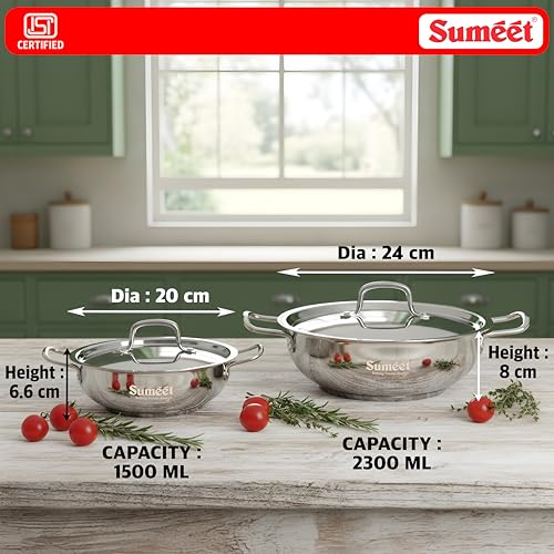 Image of Sumeet ISI Certified Stainless Steel Kadai with Steel Lid & Encapsulated Heavy Bottom |Induction and Gas Compatible |Set of 2 Pcs | 1.5Ltr & 2.3Ltr Capacity - 20 & 24cm Dia, Silver