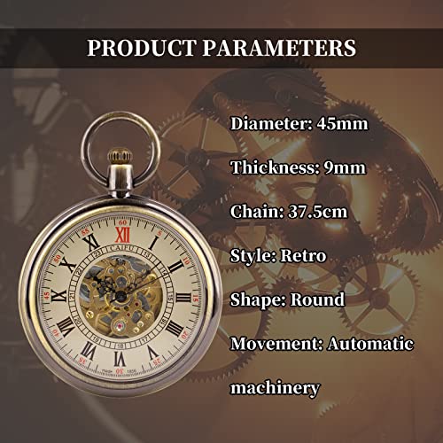 Image of Gold Uncovered Men's Mechanical Pocket Watch, Uncovered Roman Design Dial Chain Mechanical Pocket Watches for Men-Gold