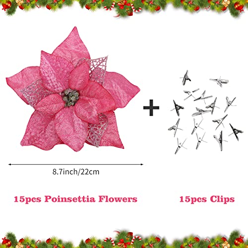 15 Pieces Christmas Glitter Poinsettia with Clips Christmas Poinsettia Decorations Artificial Poinsettia Flowers Ornament Christmas Flowers for New Year Wedding Home Decoration 8.7inch/22cm Pink