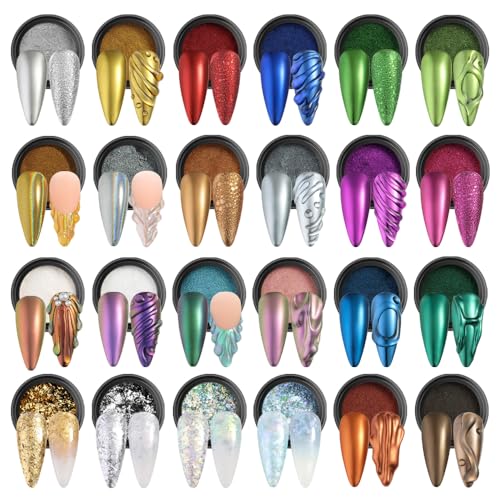 SUTOKAKA 24 Jars Chrome Nail Powder Metallic Mirror Effect Pigment Iridescent Aurora Mermaid Pearl Glitter Dust, Gold Silver Nail Foil Fluorescent Flakes Kit for Resin Craft & Nail Art Decoration