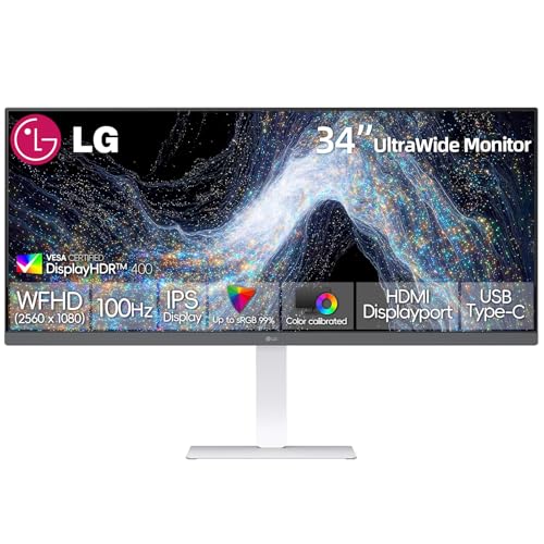Image of LG 34 Inch UltraWide Monitor, 21:9 WFHD (2560 x 1080) IPS Display, 100Hz, VESA DisplayHDR 400, FreeSync, Flicker Safe, USB Type-C, HDMI, DisplayPort, Speakers, VESA Mount, Home Office Computer,White