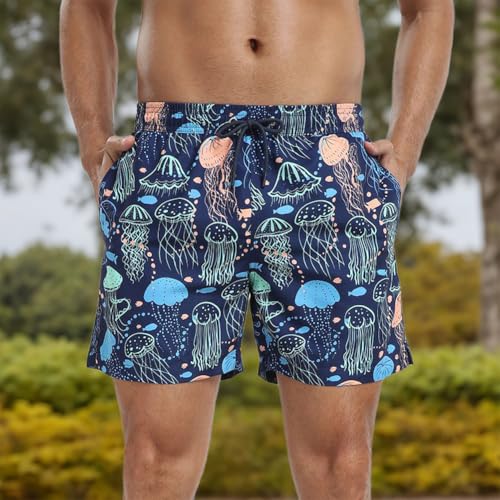 Men's Swim Short Summer Printed Beach Trunks with Pocket Quick Drying Shorts Storage Bag