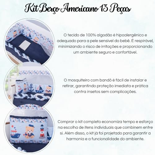 Kit Berço Padrão Americano Enxoval Completo 12 Peças Bebê Menina Menino (Marinheiro)