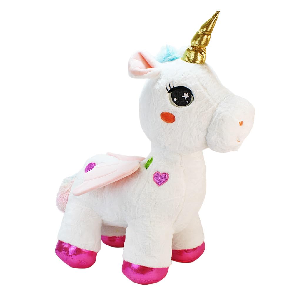 BEMIRO XXL Einhorn Kuscheltier – ca. 90 cm – großes Plüschtier mit goldenem Horn und Glitzerherzen – Farben Rosa oder Weiß wählbar