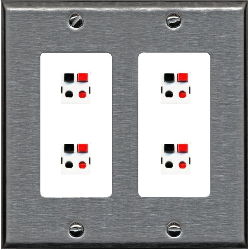 RiteAV 4 Port Speaker Wire Plug Jack Wall Plate - 2 Gang [Stainless/Gray]
