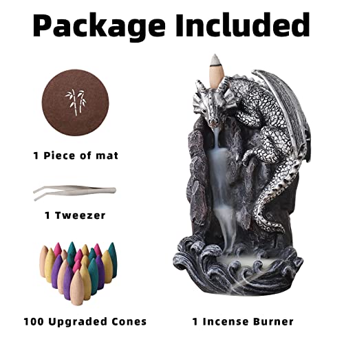 Makouyu Dragon Backflow Incense Holder Waterfall Incense Burner, With 100 Backflow Incense Cones,1 Mat,1 Tweezers，Dragon Statues，Aromatherapy Ornamental For Home Office Yoga （Silver Dragon） #TOP2