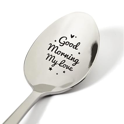 Good Morning My Love Spoon Engraved Stainless Steel Present, Novelty Spoon Romantic Gift Ideas for Men Women Birthday Xmas, 7.5